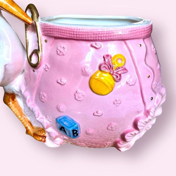Lefton Stork Planter Pink Baby Bloomers 1960s - Picture 7 of 12